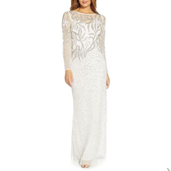 Adrianna Papell Dresses & Skirts - Adrianna Papell Embellished Illusion Gown White Long Sleeve 2 NEW